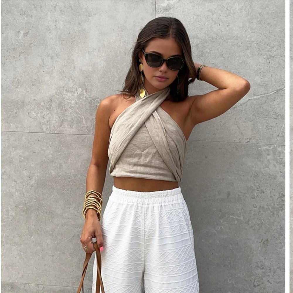 Commense Cotton & Line Criss Cross Halter Top Women's Sz XS NWT